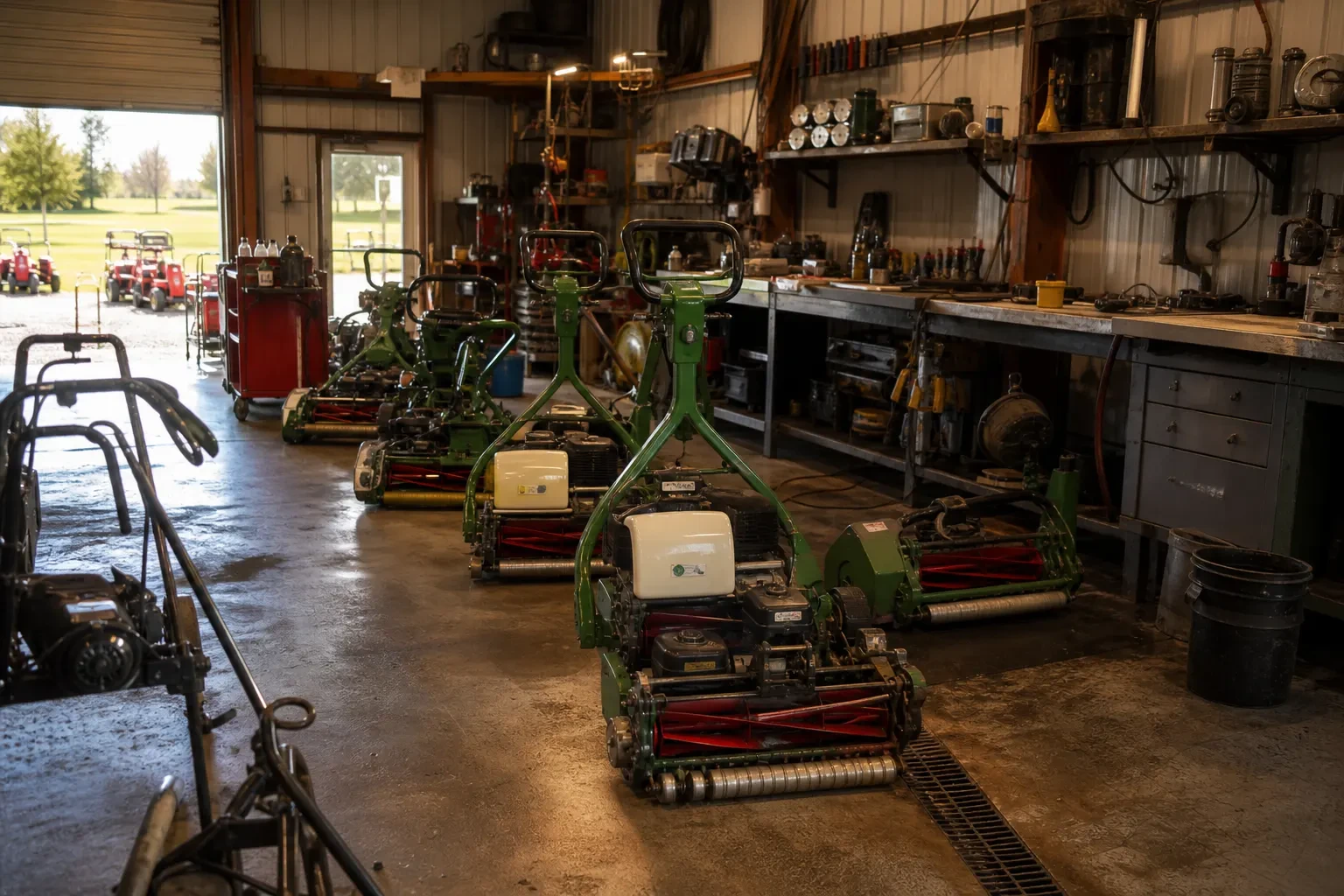 Equipment yard with turf maintenance machines