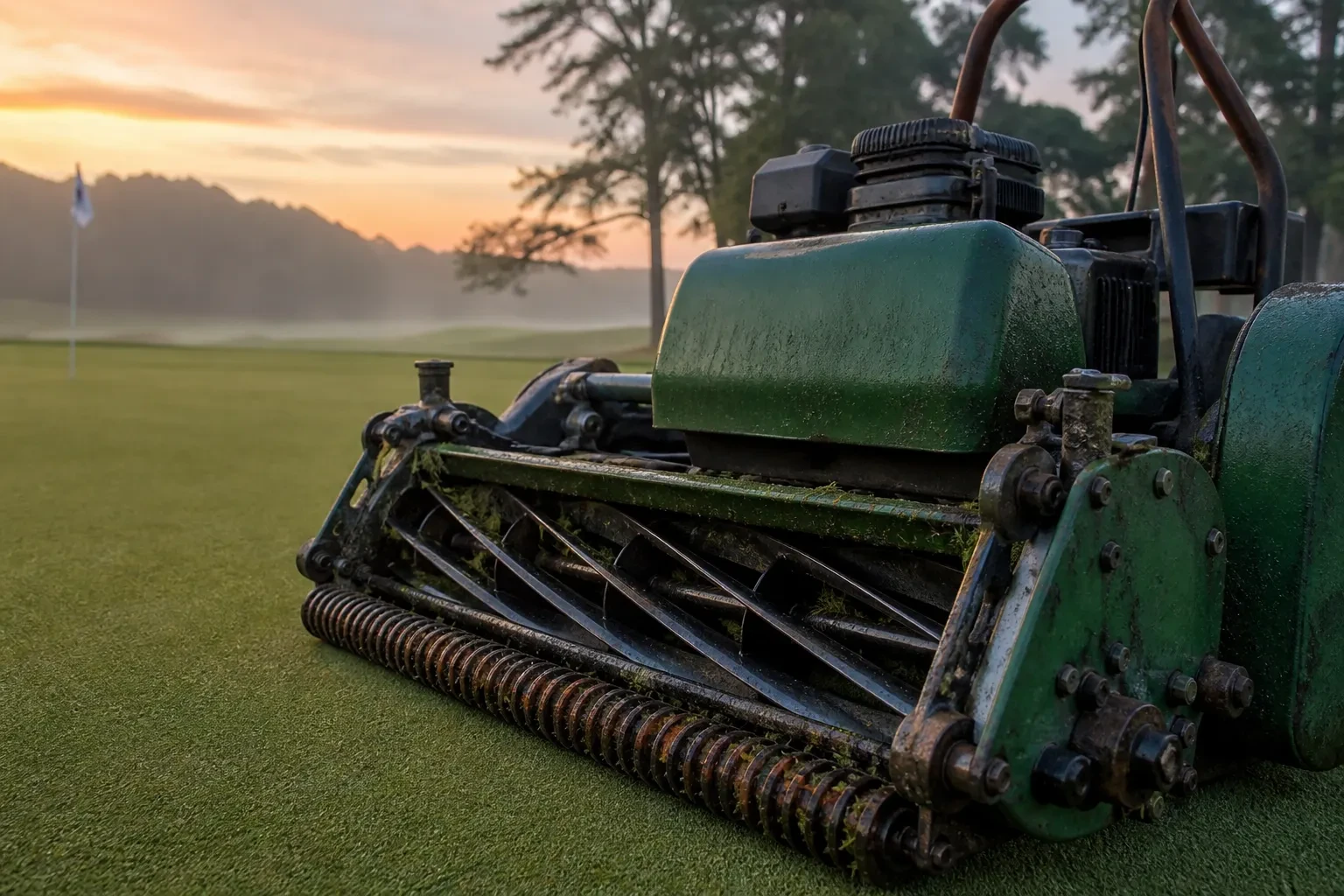 Greens mower on a golf course putting green