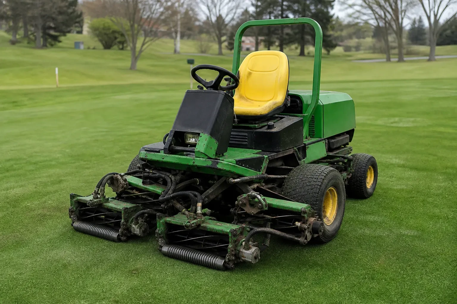 John Deere reel mower on course turf
