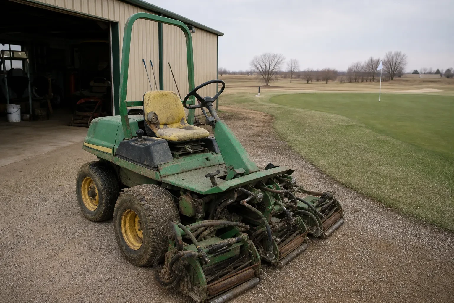 Triplex mower parked beside a practice green