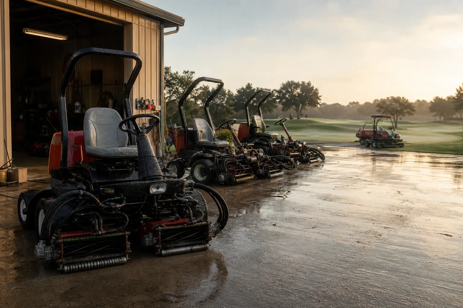 Golf course maintenance equipment in a turf yard